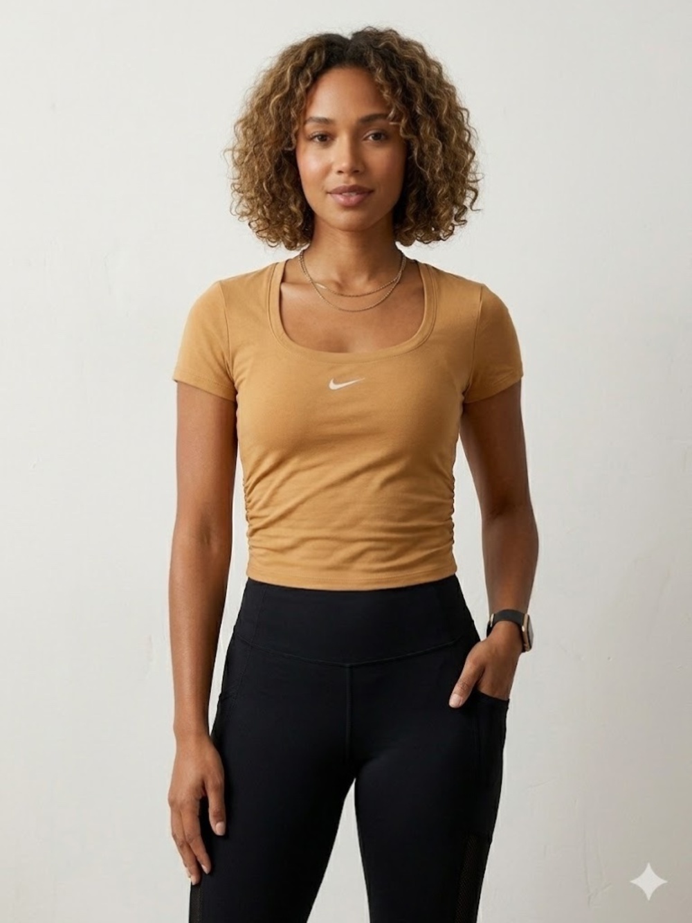 NWT Nike Sportswear Chill Knit Ruched Short Sleeve Top Large Yellow Ochre - Picture 1 of 8